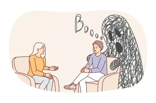 وکتور EPS مرد رواندرمانگر روی صندلی نشسته و در مورد ترس‌ها و مشکلاتش با روانشناس صحبت می‌کند 26965