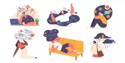 وکتور EPS مجموعه کاراکترهای دارای مشکلات روانی و مسائل سلامت روانی تاثیرگذار بر احساسات، افکار و رفتار 26987