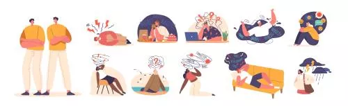 وکتور EPS مجموعه کاراکترهای مرد و زن با مشکلات روانی و مسائل سلامت روان مانند اختلال دوقطبی 26990