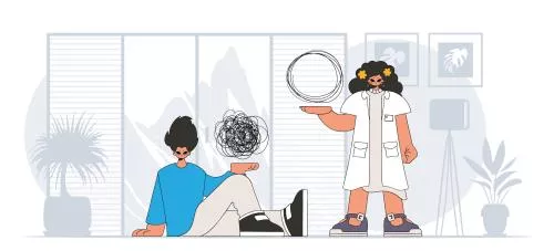 وکتور EPS کمک به فردی که درگیر احساس ناامیدی و یأس شده است - پزشک افکار درهم تنیده بیمار را بررسی می کند 26992