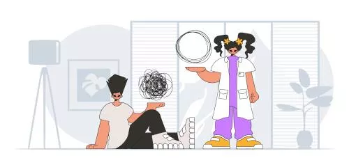 وکتور EPS کمک به فردی که درگیر احساس ناامیدی و یأس شده است، پزشک در حال باز کردن گره افکار بیمار 26993