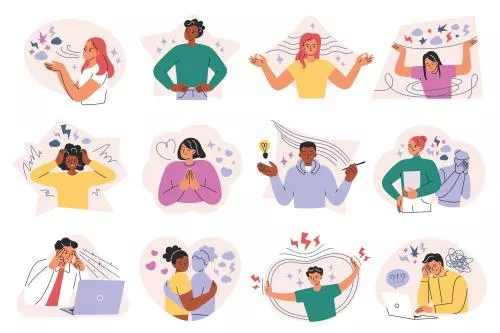 وکتور EPS مجموعه وکتور تصویرسازی حالت‌های عاطفی ، تاب‌آوری ، استرس ، قدردانی ، افرسودگی ، تعادل روان 26995