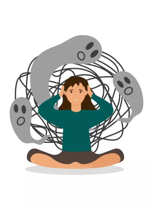 وکتور EPS زن جوان نشسته و سرش را با دستانش گرفته است ، وکتور وحشت ، افسردگی ، افکار منفی 27002