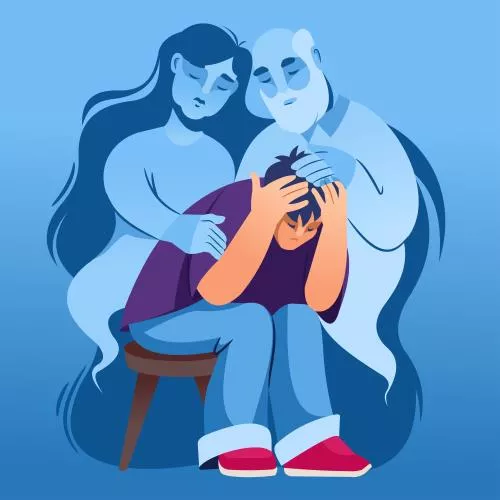 وکتور EPS والدین روحانی از پسر ناراحت که در سوگ مرگ مادر و پدر گریه می‌کند 27006