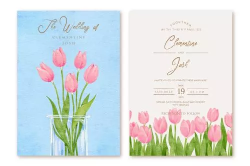 وکتور EPS قالب دعوت عروسی مجموعه گلدان گل های لاله صورتی دست ساز 27018