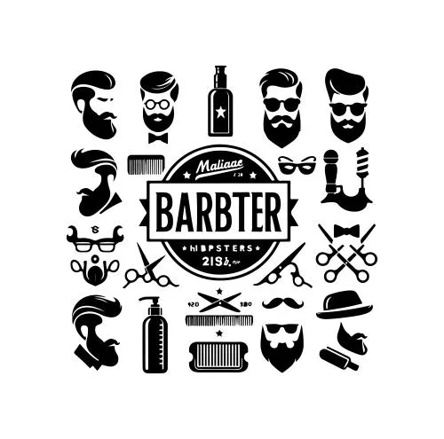 وکتور EPS لوگوی وینتیج آرایشگاه هیپستر با نشان قیچی ریش تراش موی فر و سبیل 27037