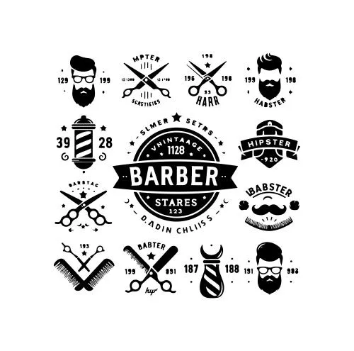 وکتور EPS لوگو وکتور آرایشگاه هیپستر با طرح کلاسیک نشان قیچی ریش تراش موهای فر و سبیل 27038