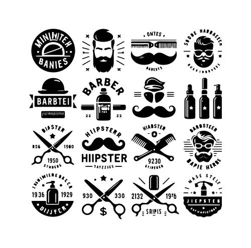 وکتور EPS لوگو وکتور آرایشگاه هیپستر کلاسیک با قیچی ریش تراش موی فر و سبیل 27039