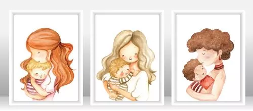 دانلود وکتور EPS مجموعه زن آبرنگی با فرزندشان فایل وکتور لایه باز 24924