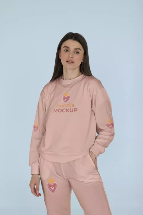 دانلود فایل PSD موکاپ لباس از نمای جلوی زنی که سویشرت به تن کرده برای فتوشاپ 24946