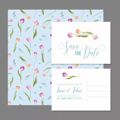 وکتور EPS مجموعه کارت دعوت با تاریخ و شکوفه گل های لاله  27072