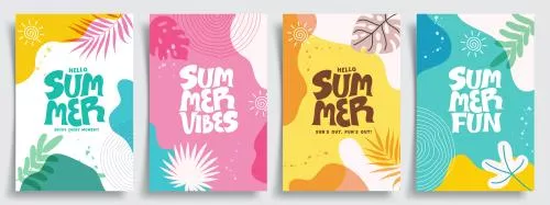 وکتور EPS مجموعه پوستر کلیپ‌آرت تابستانی با برگ‌های گرمسیری رنگارنگ 27113