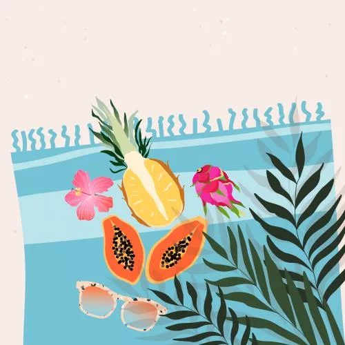 وکتور EPS طرح گرافیکی میوه‌های گرمسیری شیرین، گل‌ها، عینک آفتابی روی حوله ساحلی، مفهوم تابستانی، تصویرسازی ترند 27120