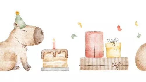 وکتور EPS کلاه مهمانی کاپیبارا، هدایای رنگارنگ، کیک‌ها، کانفتی، تولدت مبارک، بنر جشنواره، آبرنگ، بی‌درز 27133