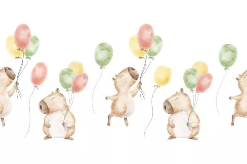 وکتور EPS بنر تولدت مبارک با کاپیباراهای در حال پرواز با بالن های هوایی، طراحی دستی آبرنگ با جوندگان پشمالو 27134