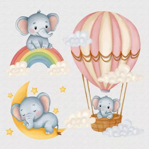 وکتور EPS مجموعه کلیپ آرت فیل بامزه با تم آسمان رویایی همراه با رنگین کمان، ماه و بادکنک داغ 27137