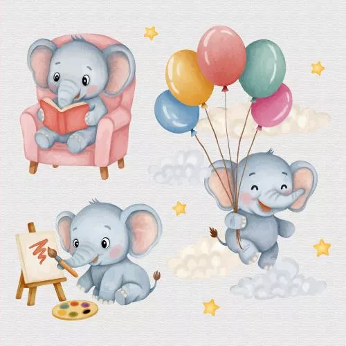 وکتور EPS مجموعه وکتور فیل بامزه در حال خواندن، نقاشی و پرواز با بادکنک 27138