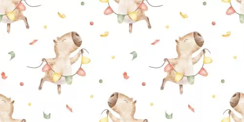 وکتور EPS طرح آب رنگ دست‌کشیده الگوی سطحی بی‌درز کاپیبارای بانمک با پرچم‌های گارلند و کانفتی 27139