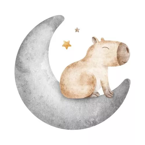 وکتور EPS کاپیبارا نشسته روی هلال ماه با ستاره‌ها، شخصیت رویایی و بامزه حیوان جوندگان، طراحی دستی ایزوله شده کودکانه 27145