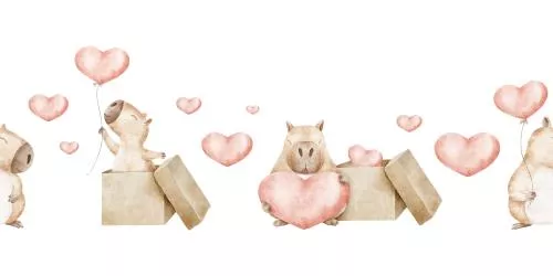 وکتور EPS کاپیبارا جعبه هدیه بادکنک قلب قرمز بنر ولنتاین با طرح جوندگان پشمالو دستی آبرنگی 27146