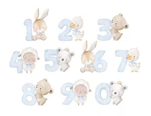 وکتور EPS کارت‌های تبریک تولد کودکانه حیوانات بامزه با اعداد آبی 27147