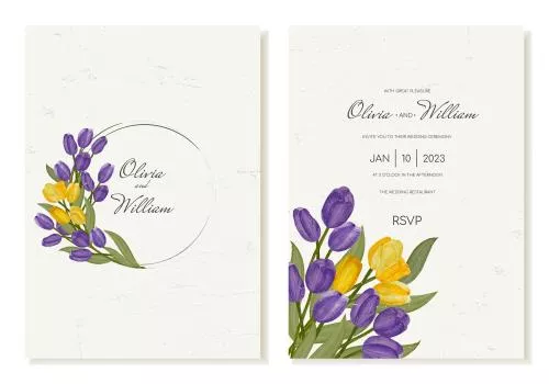 وکتور EPS کارت دعوت عروسی بهاری با گل‌های لاله زرد و بنفش روشن به سبک وینتیج 27200