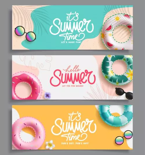 وکتور EPS بنر کلیپ آرت تابستانی با کارت تبریک تابستانی و عینک آفتابی شناور 27202