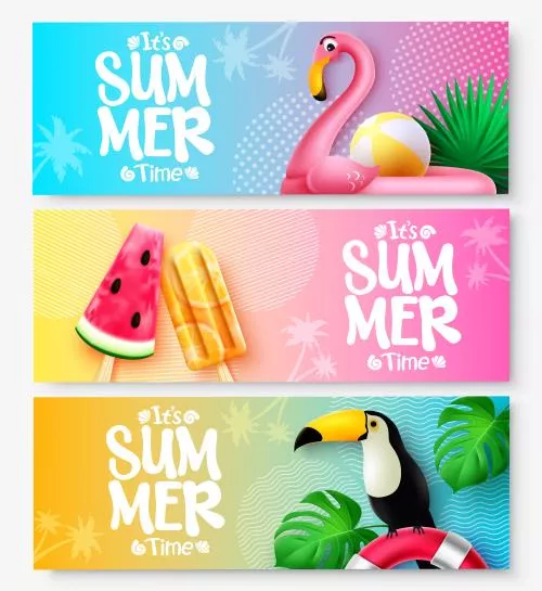 وکتور EPS مجموعه طرح بنر وکتور تابستانی متن زمان تابستان است با پس زمینه رنگی و طرح فلامینگو و توکان 27205
