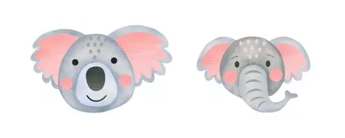 عکس با کیفیت مجموعه آبرنگ صورت کوالا و فیل با پس زمینه سفید ایزوله شده حیوان 27212