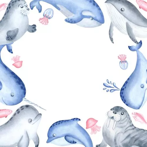 عکس با کیفیت قالب کارت پستال آبرنگی با حیوانات دریایی قطبی ناروال دلفین نهنگ های دریایی بامزه 27213