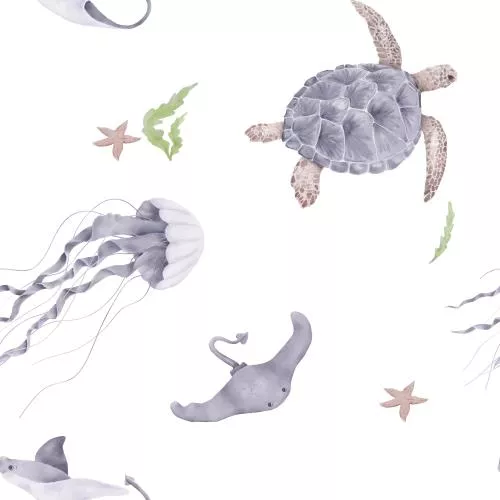 عکس با کیفیت تصویرسازی آبرنگ از لاک‌پشت دریایی، سفره ماهی، ستاره دریایی و عروس دریایی در الگوی بی‌درز حیوانات دریایی و جلبک‌ها از دنیای زیر آب با پس‌زمینه سفید ایزوله 27216