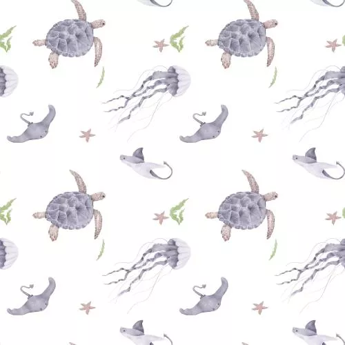 عکس با کیفیت طرح آب رنگ لاک پشت دریایی، سفره ماهی، شنا، عروس دریایی، ستاره دریایی، الگوی بی درز حیوانات دریایی، جلبک از دنیای زیر آب، اقیانوس، پس زمینه سفید ایزوله 27217