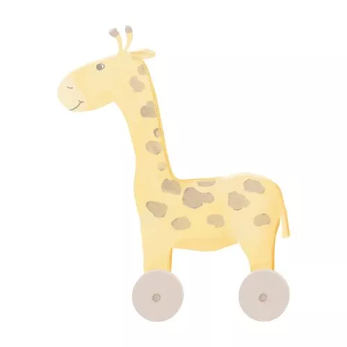 عکس با کیفیت تصویر آبرنگ زرافه چوبی زرد خنده دار با چرخ های خالدار اسباب بازی کودکان که در برابر پس زمینه سفید برجسته می شود دکوراسیون کودکان 27221