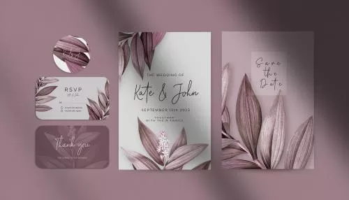 دانلود فایل EPS ست دعوتنامه عروسی زیبا با برگ‌ها تزئین شده وکتور لایه باز 24963