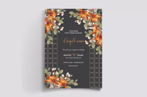 وکتور EPS قالب دعوتنامه گل دار برای مهمانی عروسی با تم مشکی و تیره 24971