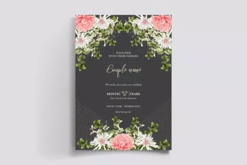 دانلود وکتور EPS قالب کارت دعوتنامه عروسی گلدار با تم مشکلی لوکس و گل های صورتی و سفید به صورت لایه باز 24975