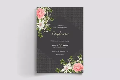 دانلود وکتور EPS قالب کارت دعوتنامه عروسی گلدار با تم مشکلی لوکس و گل های صورتی و سفید به صورت لایه باز 24977