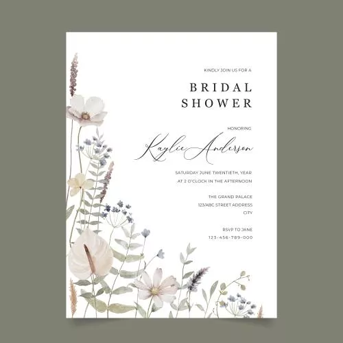 دانلود وکتور EPS کارت دعوت عروسی با تم گل‌های مرتعی آبرنگی ظریف 24982