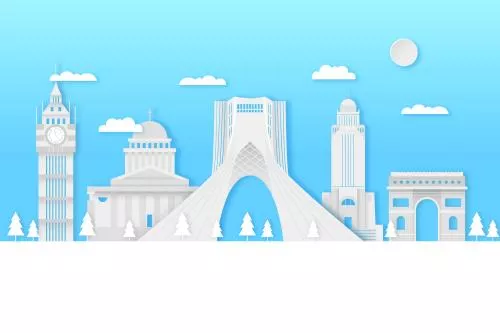 دانلود وکتور EPS و AI تهران با افق بناهای تاریخی برج میدان آزادی به سبک کاغذی با آسمان آبی 24985