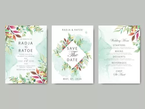 دانلود وکتور EPS ست کارت دعوت عروسی به سبک آبرنگی با تم سبز با گیاه اوکالیپتوس 24987