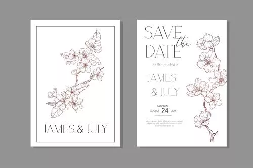 دانلود فایل EPS وکتور دعوتنامه عروسی طراحی ساده طرح خطی شکوفه های گیلاس 24991