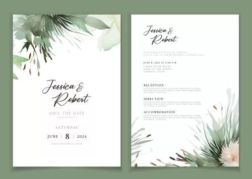 دانلود وکتور EPS کارت دعوت عروسی با گل های آبرنگی خطی برگ های گیاهی ارگانیک 25007