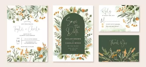 دانلود وکتور EPS مجموعه کارت دعوت عروسی با قاب گل آبرنگ زرد ، نارنجی و سبز 25008