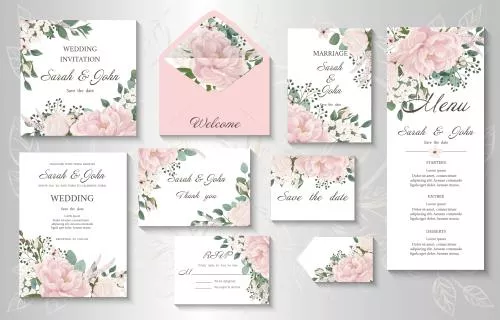 دانلود فایل EPS دعوت به عروسی با گل و برگ های آبرنگی وکتور لایه باز 25010