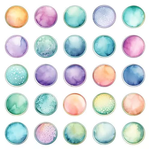 عکس با کیفیت برچسب های آبرنگ لوکس فرم قاب های دایره ای بسیار دقیق با رنگ های پاستلی شفاف 25026