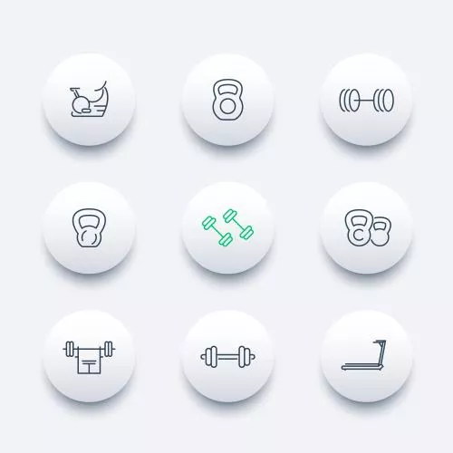 دانلود فایل EPS مجموعه آیکون های خطی تجهیزات بدنسازی هشت ضلعی وکتور لایه باز 25038