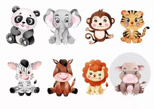 فایل PSD تصویرسازی آبرنگ حیوانات کارتونی شامل پاندا، فیل، میمون، ببر، اسب آبی، شیر، اسب و گورخر 27231