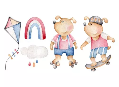 وکتور EPS سگ های کارتونی اسکیت بورد و رولر اسکیت فعالیت های تابستانی 27232