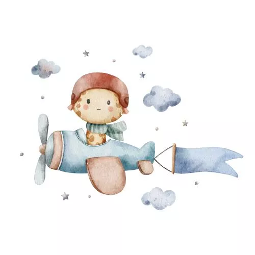 وکتور EPS تصویر آبرنگ حیوان بامزه در حال پرواز با هواپیما 27237