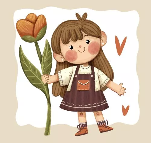 فایل PSD دختر کارتونی بامزه در حال نگه داشتن گل نارنجی 27239